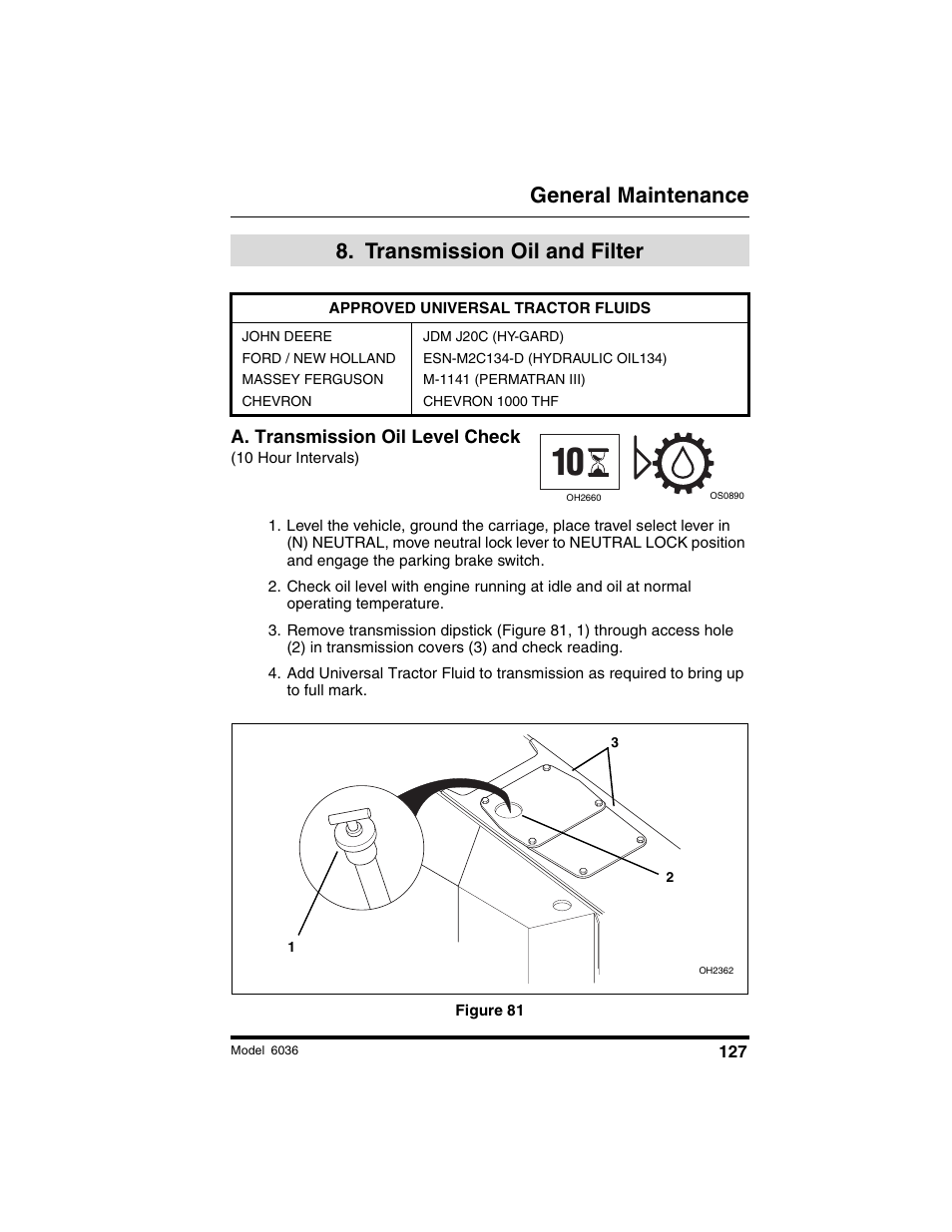 General maintenance, Transmission oil and filter | SkyTrak 6036 Operation Manual User Manual | Page 133 / 180