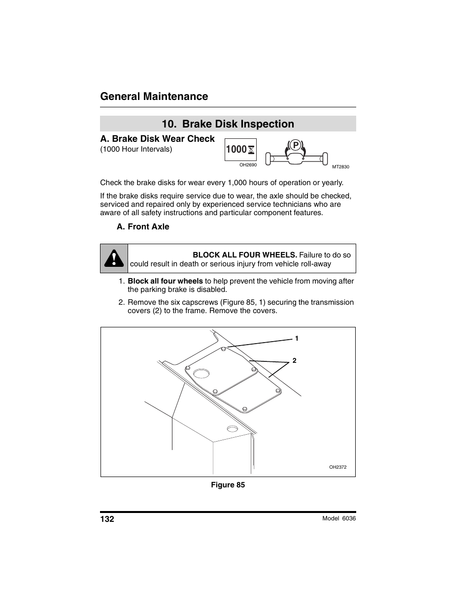 Warning, General maintenance, Brake disk inspection | SkyTrak 6036 Operation Manual User Manual | Page 138 / 180