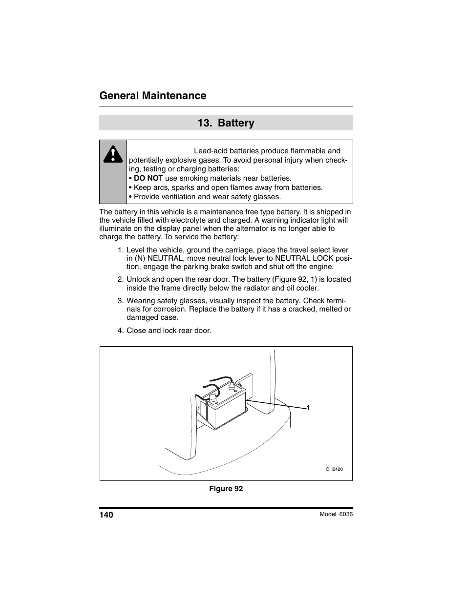 Warning, General maintenance, Battery | SkyTrak 6036 Operation Manual User Manual | Page 146 / 180