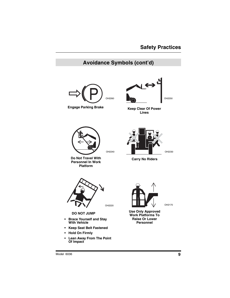 Safety practices, Avoidance symbols (cont’d) | SkyTrak 6036 Operation Manual User Manual | Page 15 / 180