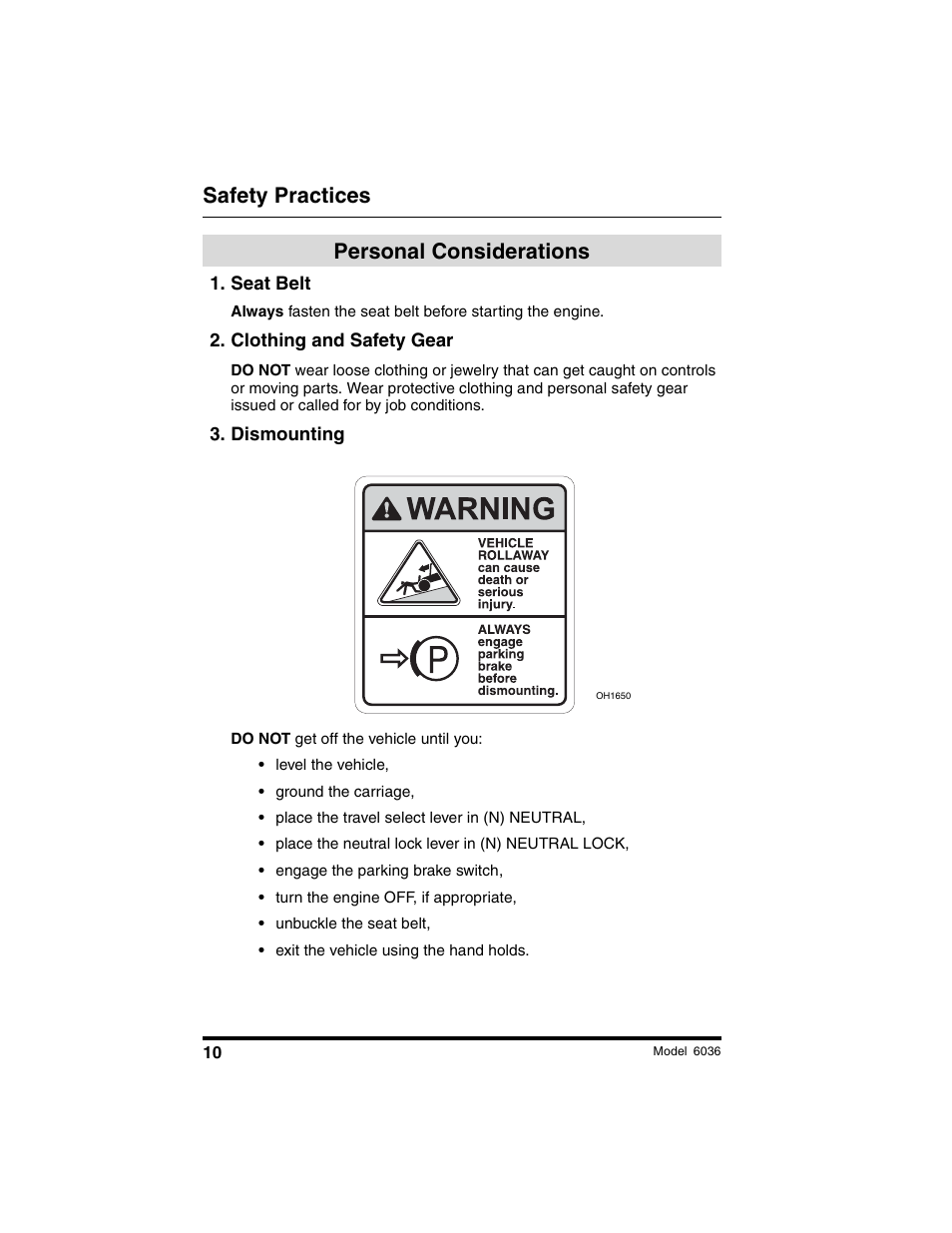 Safety practices, Personal considerations | SkyTrak 6036 Operation Manual User Manual | Page 16 / 180