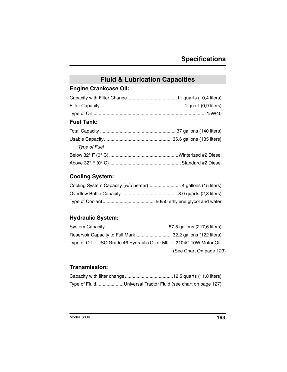 Specifications, Fluid & lubrication capacities | SkyTrak 6036 Operation Manual User Manual | Page 169 / 180