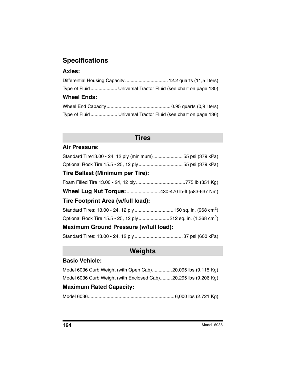 Specifications, Tires weights | SkyTrak 6036 Operation Manual User Manual | Page 170 / 180