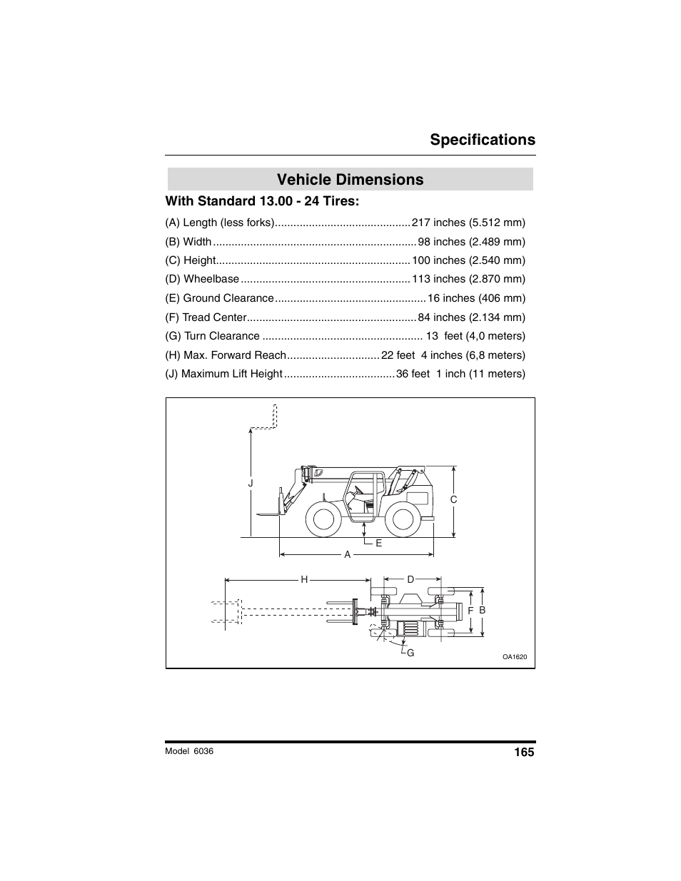 Specifications, Vehicle dimensions | SkyTrak 6036 Operation Manual User Manual | Page 171 / 180