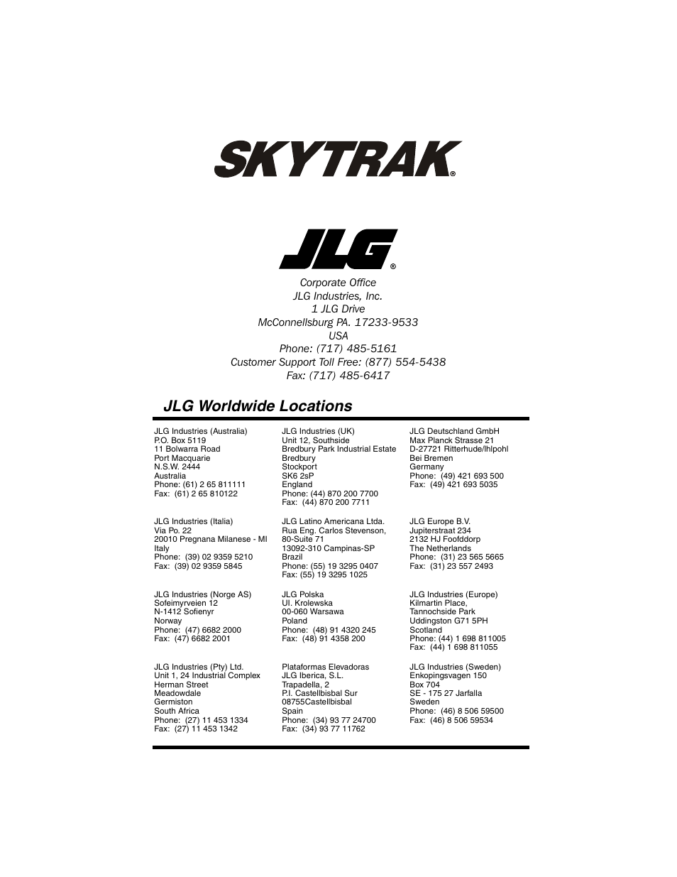 Jlg worldwide locations | SkyTrak 6036 Operation Manual User Manual | Page 180 / 180