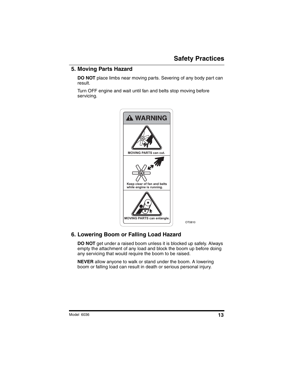 Safety practices, Moving parts hazard, Lowering boom or falling load hazard | SkyTrak 6036 Operation Manual User Manual | Page 19 / 180