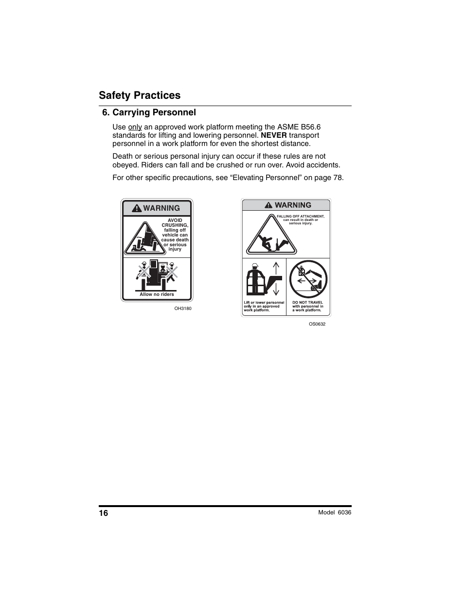 Safety practices, Carrying personnel | SkyTrak 6036 Operation Manual User Manual | Page 22 / 180