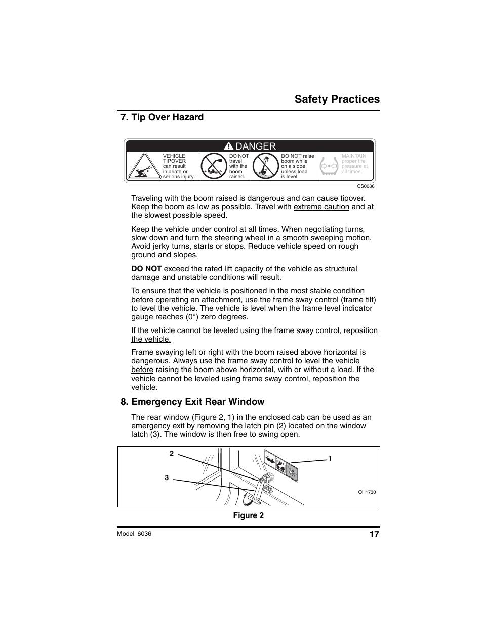 Safety practices, Tip over hazard, Emergency exit rear window | Danger | SkyTrak 6036 Operation Manual User Manual | Page 23 / 180
