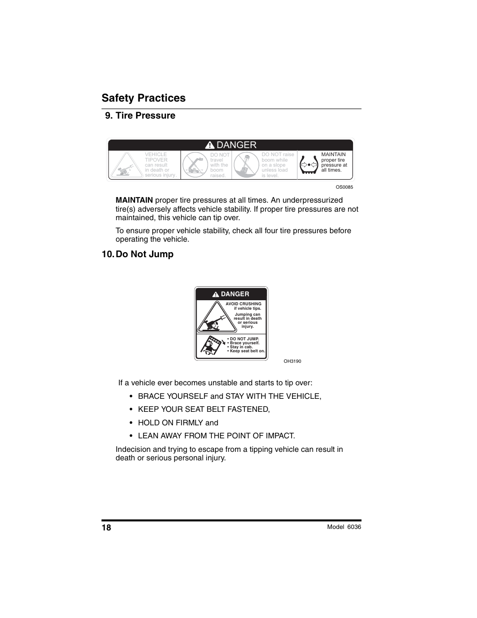 Safety practices, Tire pressure, Do not jump | Danger | SkyTrak 6036 Operation Manual User Manual | Page 24 / 180