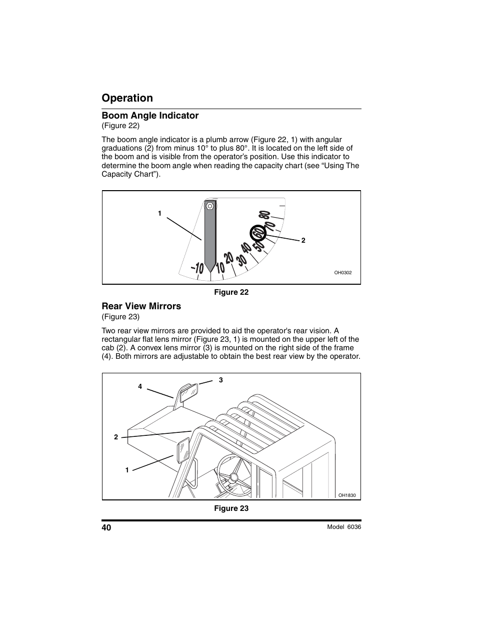 Operation, Boom angle indicator, Rear view mirrors | SkyTrak 6036 Operation Manual User Manual | Page 46 / 180
