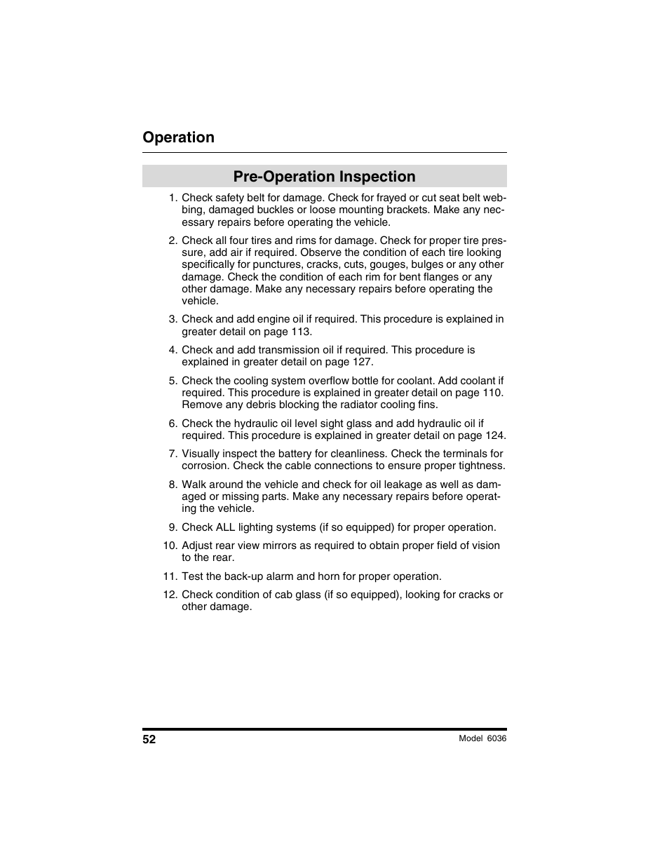Operation, Pre-operation inspection | SkyTrak 6036 Operation Manual User Manual | Page 58 / 180