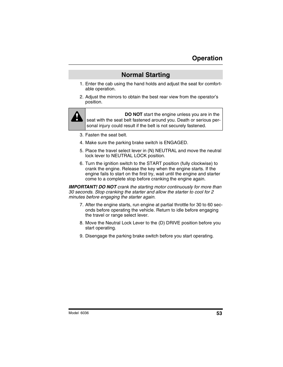 Warning, Operation, Normal starting | SkyTrak 6036 Operation Manual User Manual | Page 59 / 180