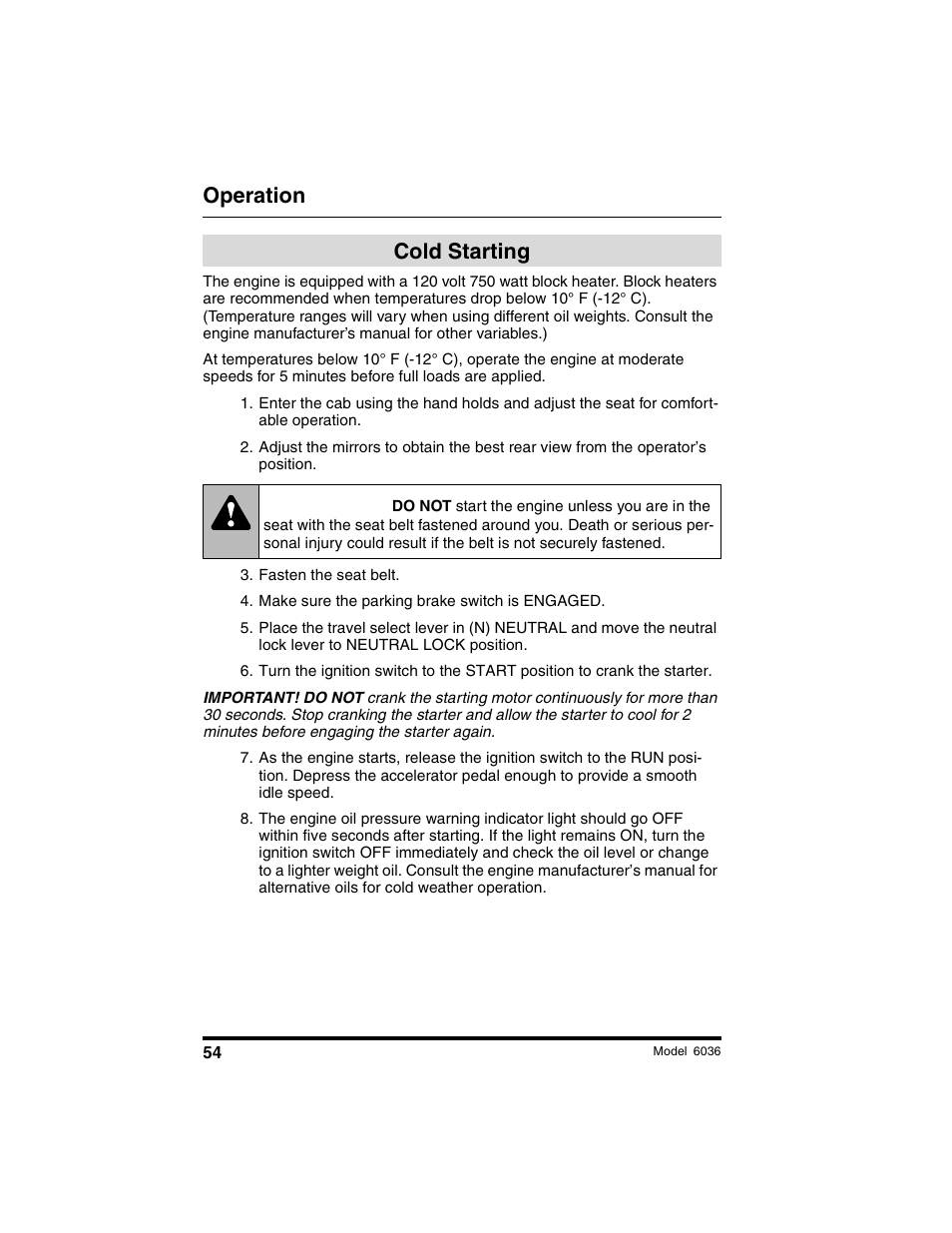 Warning, Operation, Cold starting | SkyTrak 6036 Operation Manual User Manual | Page 60 / 180