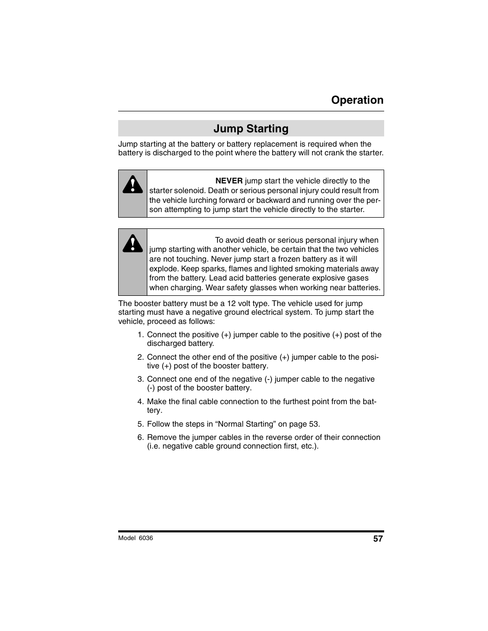 Warning, Operation, Jump starting | SkyTrak 6036 Operation Manual User Manual | Page 63 / 180