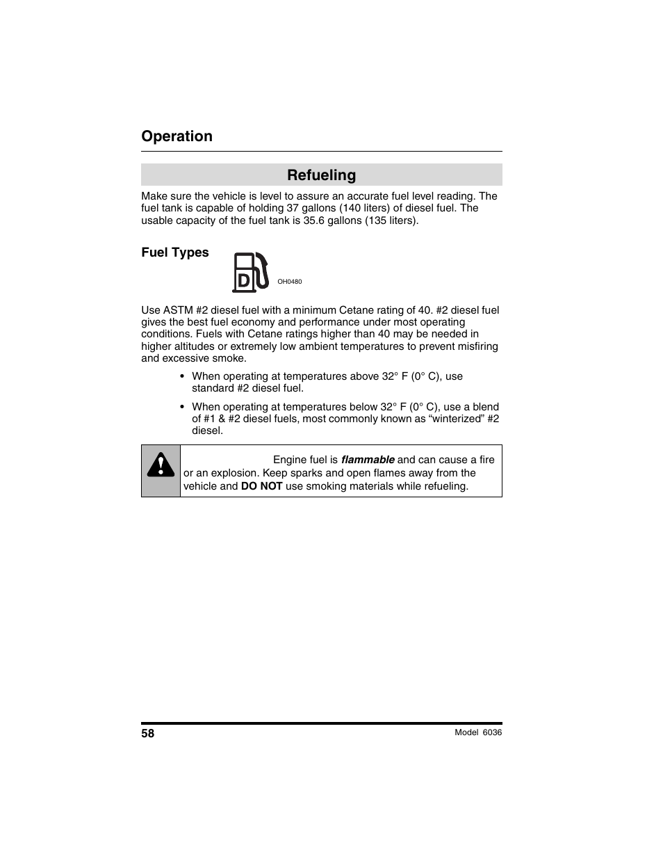 Warning, Operation, Refueling | SkyTrak 6036 Operation Manual User Manual | Page 64 / 180