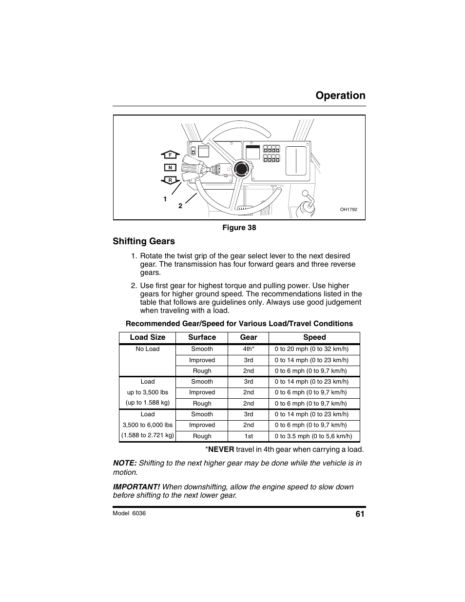Operation, Shifting gears | SkyTrak 6036 Operation Manual User Manual | Page 67 / 180