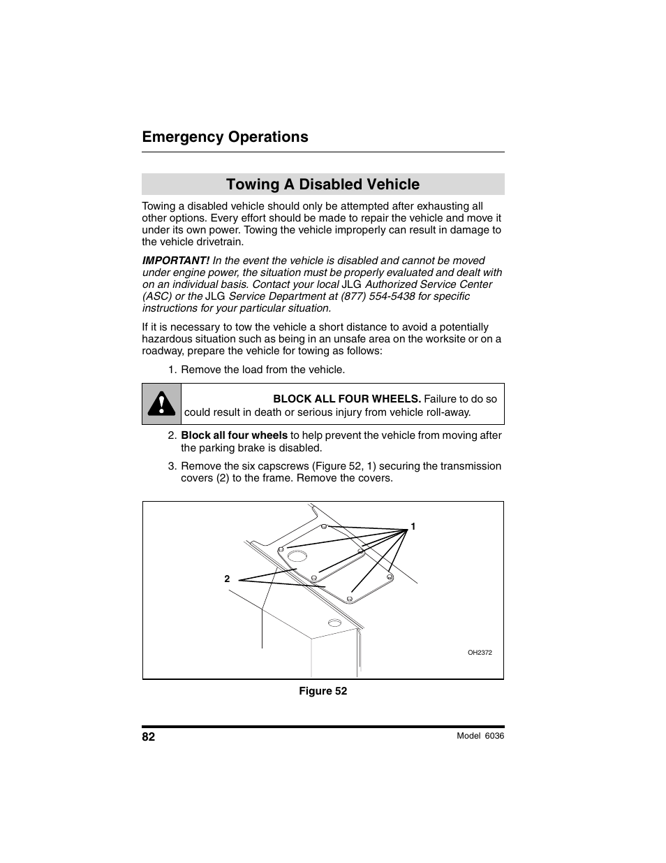 Emergency operations, Warning, Towing a disabled vehicle | SkyTrak 6036 Operation Manual User Manual | Page 88 / 180