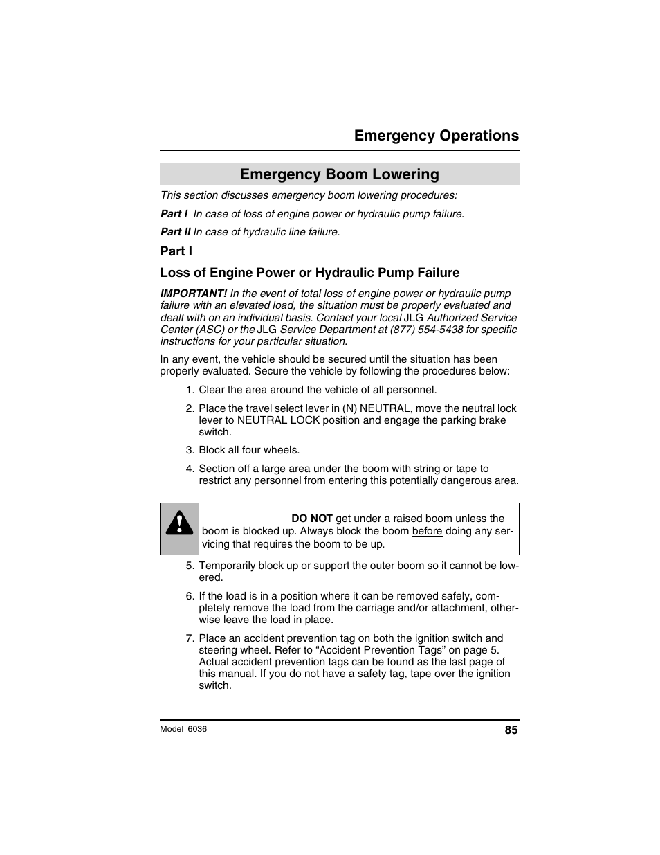 Warning, Emergency operations, Emergency boom lowering | SkyTrak 6036 Operation Manual User Manual | Page 91 / 180