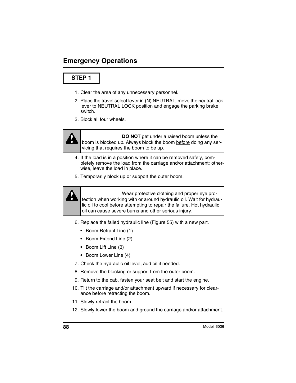 Warning, Emergency operations | SkyTrak 6036 Operation Manual User Manual | Page 94 / 180