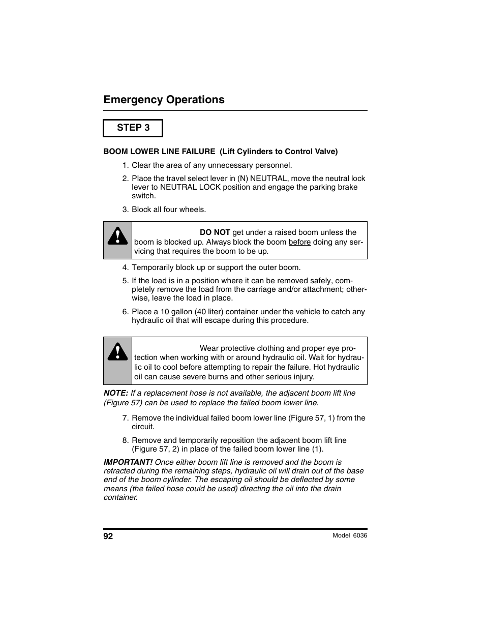 Warning, Emergency operations | SkyTrak 6036 Operation Manual User Manual | Page 98 / 180