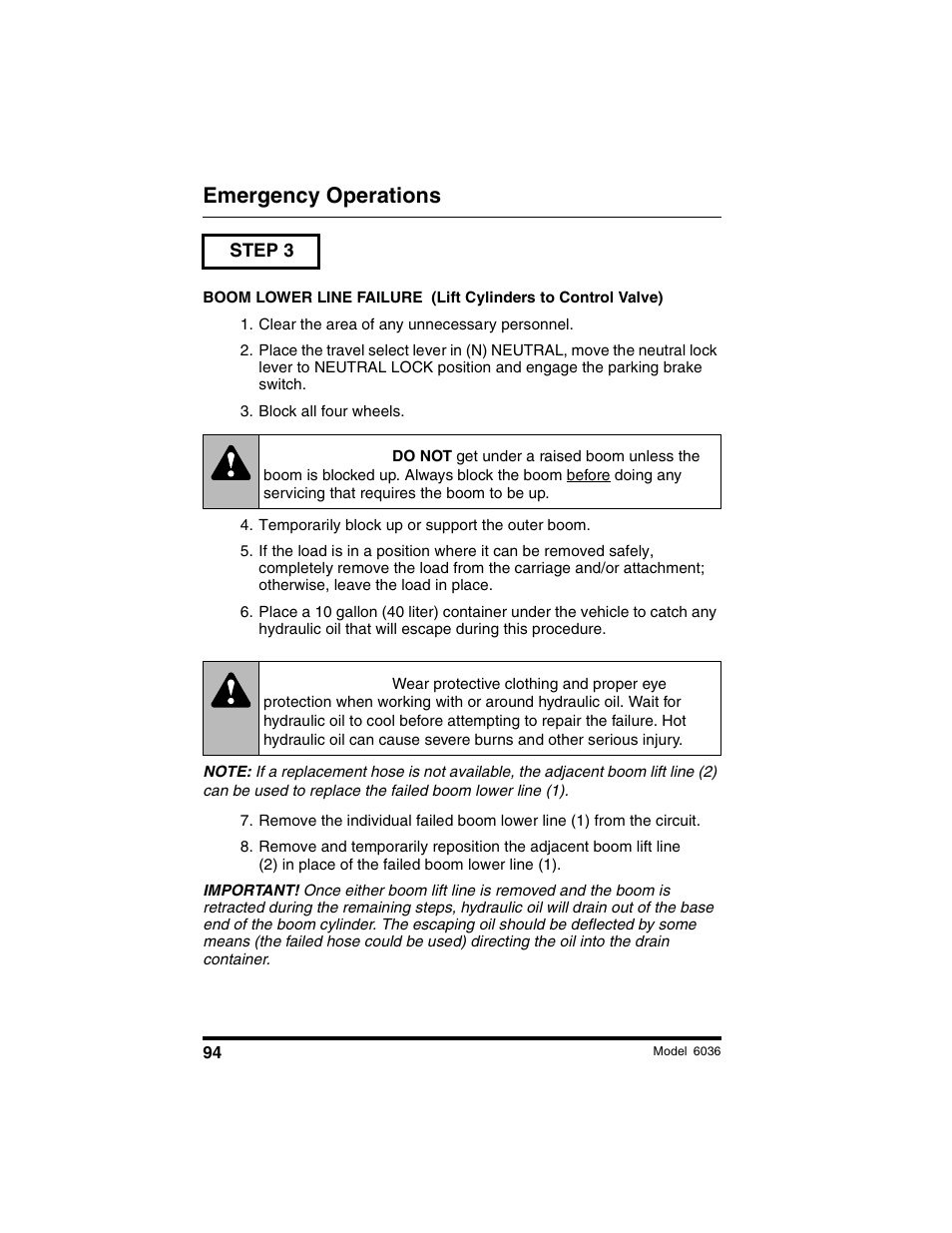 Warning, Emergency operations | SkyTrak 6036 Tier II Operation Manual User Manual | Page 100 / 188