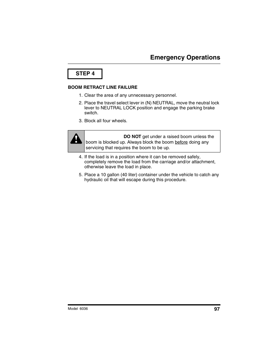 Warning, Emergency operations | SkyTrak 6036 Tier II Operation Manual User Manual | Page 103 / 188