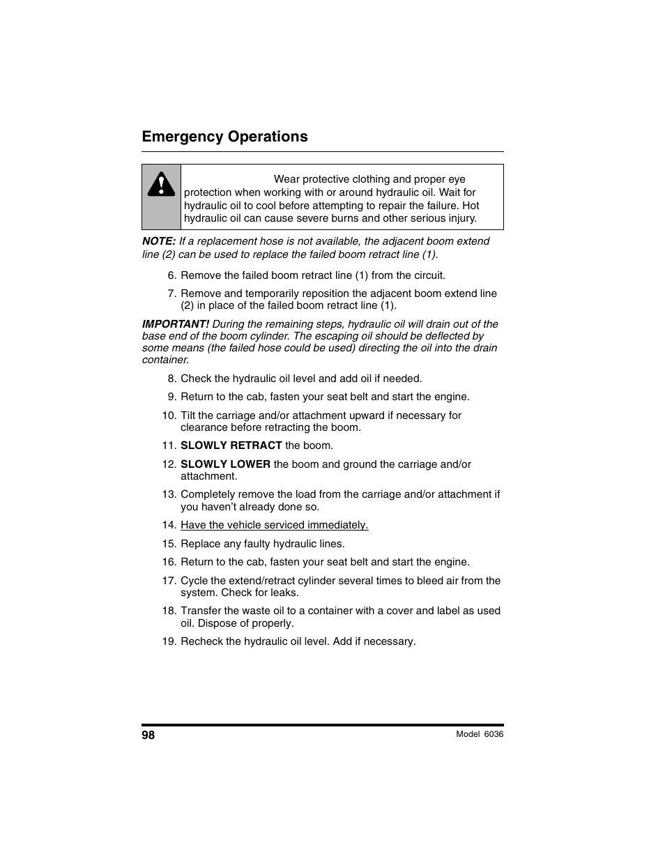 Warning, Emergency operations | SkyTrak 6036 Tier II Operation Manual User Manual | Page 104 / 188