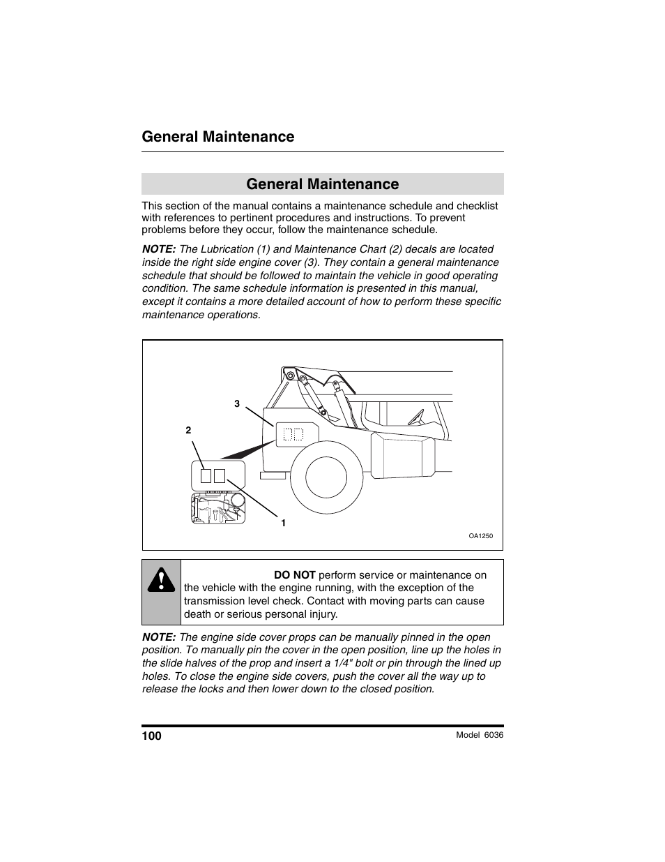 General maintenance, Warning | SkyTrak 6036 Tier II Operation Manual User Manual | Page 106 / 188