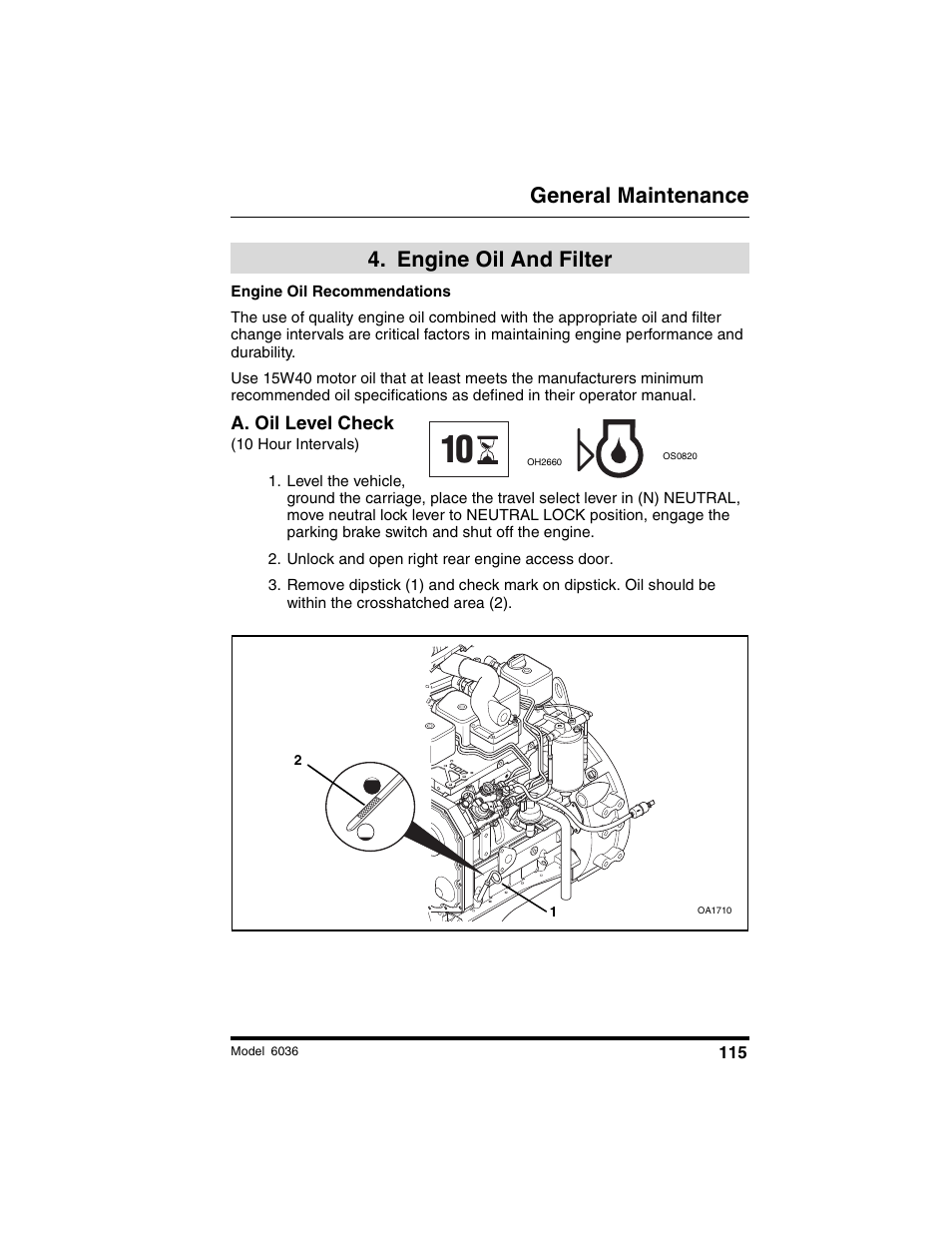 General maintenance, Engine oil and filter | SkyTrak 6036 Tier II Operation Manual User Manual | Page 121 / 188