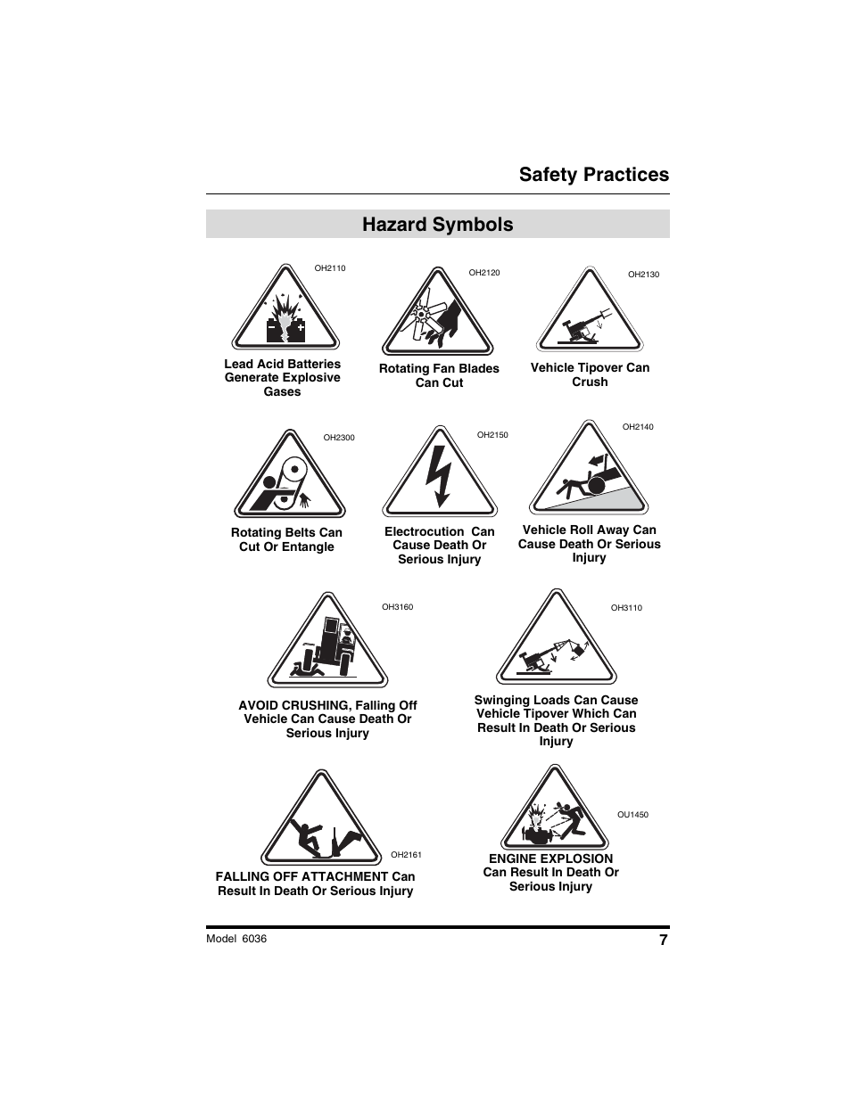 Safety practices, Hazard symbols | SkyTrak 6036 Tier II Operation Manual User Manual | Page 13 / 188
