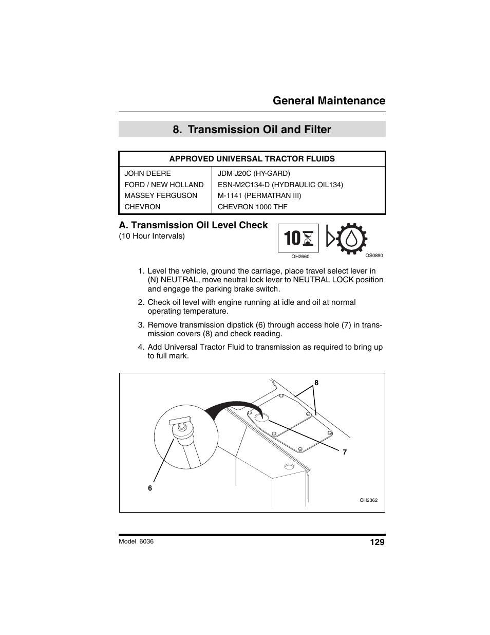 General maintenance, Transmission oil and filter | SkyTrak 6036 Tier II Operation Manual User Manual | Page 135 / 188