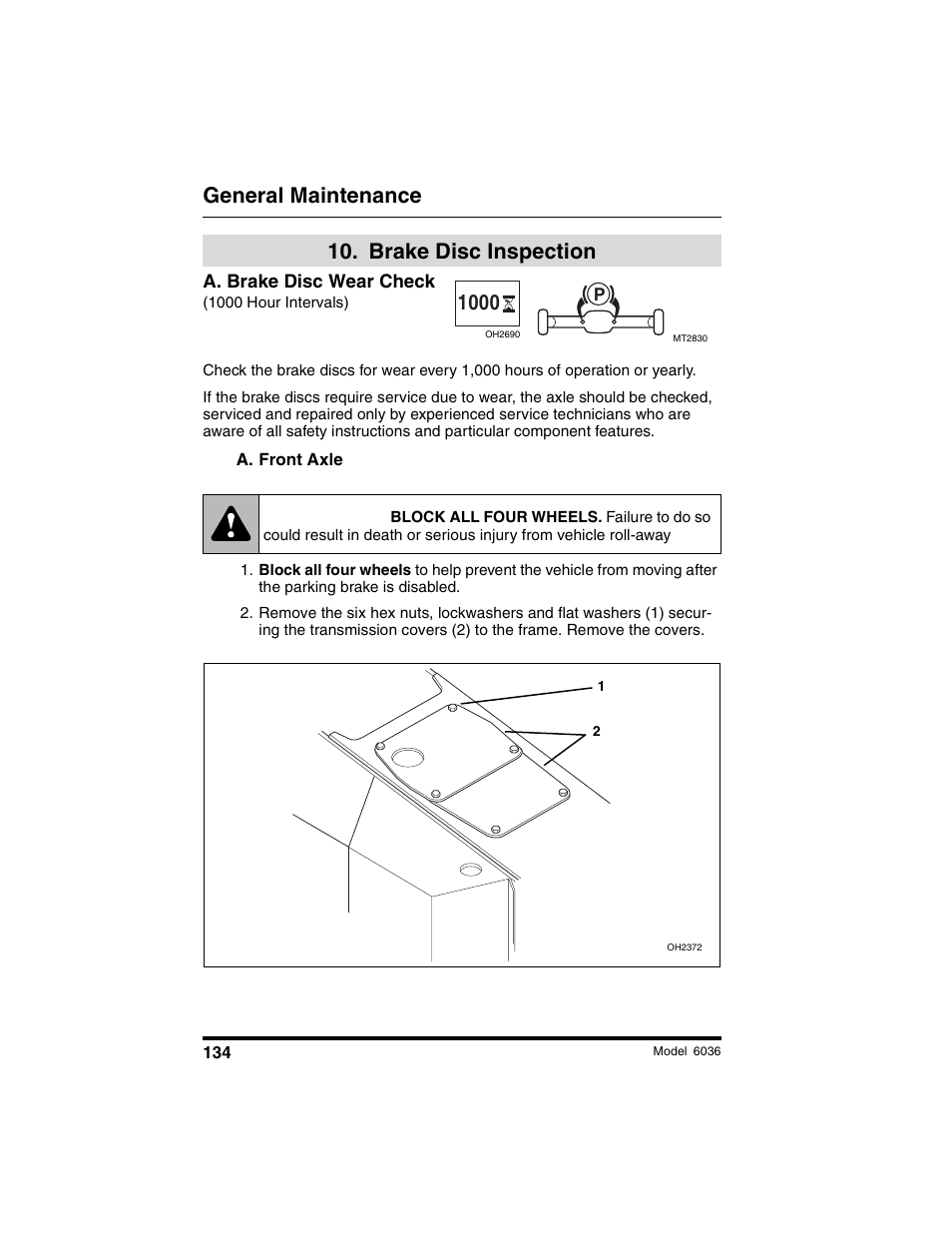 Warning, General maintenance, Brake disc inspection | SkyTrak 6036 Tier II Operation Manual User Manual | Page 140 / 188