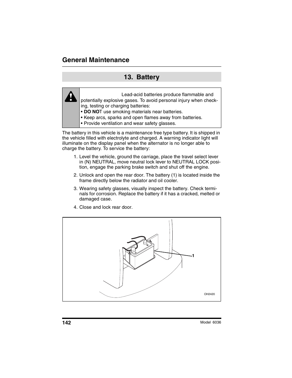 Warning, General maintenance, Battery | SkyTrak 6036 Tier II Operation Manual User Manual | Page 148 / 188