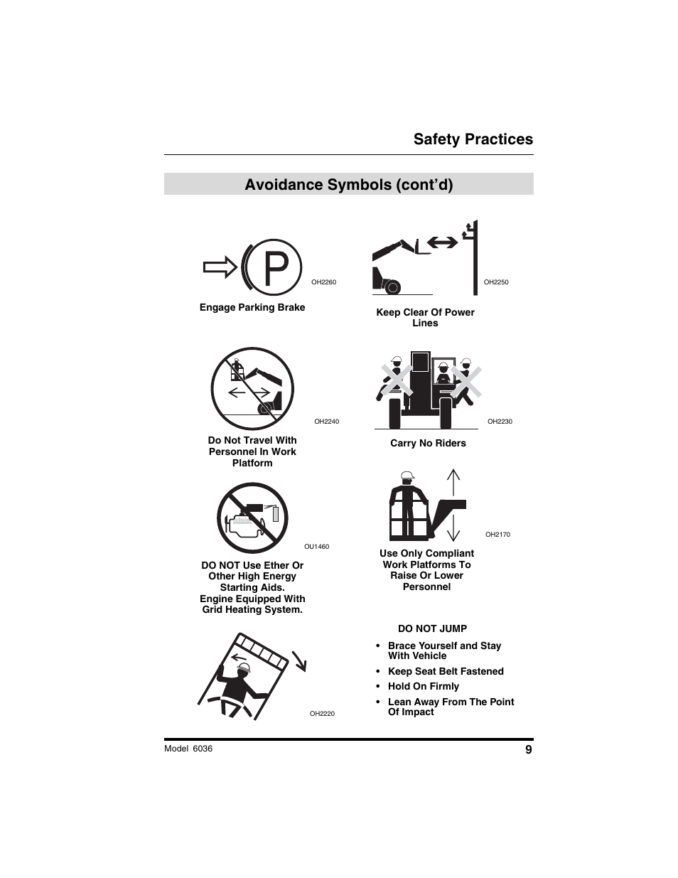 Safety practices, Avoidance symbols (cont’d) | SkyTrak 6036 Tier II Operation Manual User Manual | Page 15 / 188