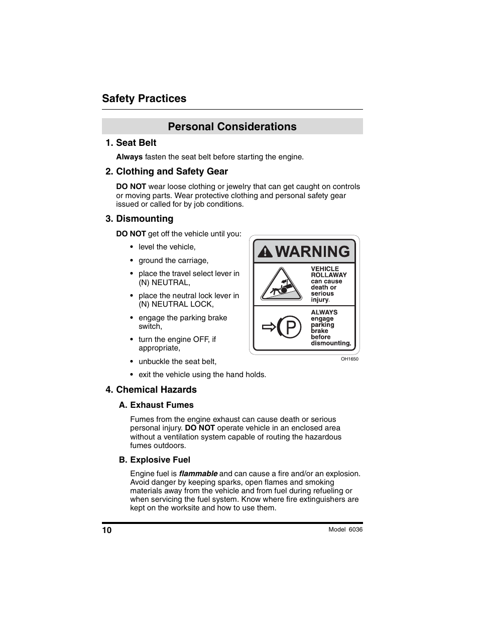 Safety practices, Personal considerations | SkyTrak 6036 Tier II Operation Manual User Manual | Page 16 / 188