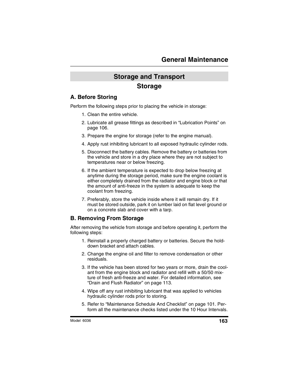 General maintenance, Storage, Storage and transport | SkyTrak 6036 Tier II Operation Manual User Manual | Page 169 / 188