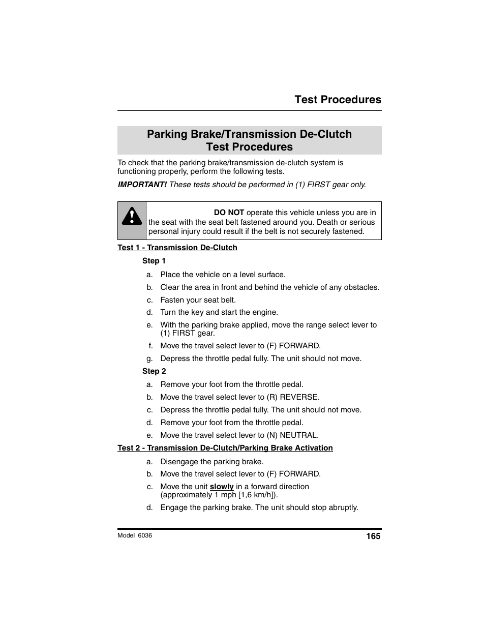 Test procedures, Warning | SkyTrak 6036 Tier II Operation Manual User Manual | Page 171 / 188