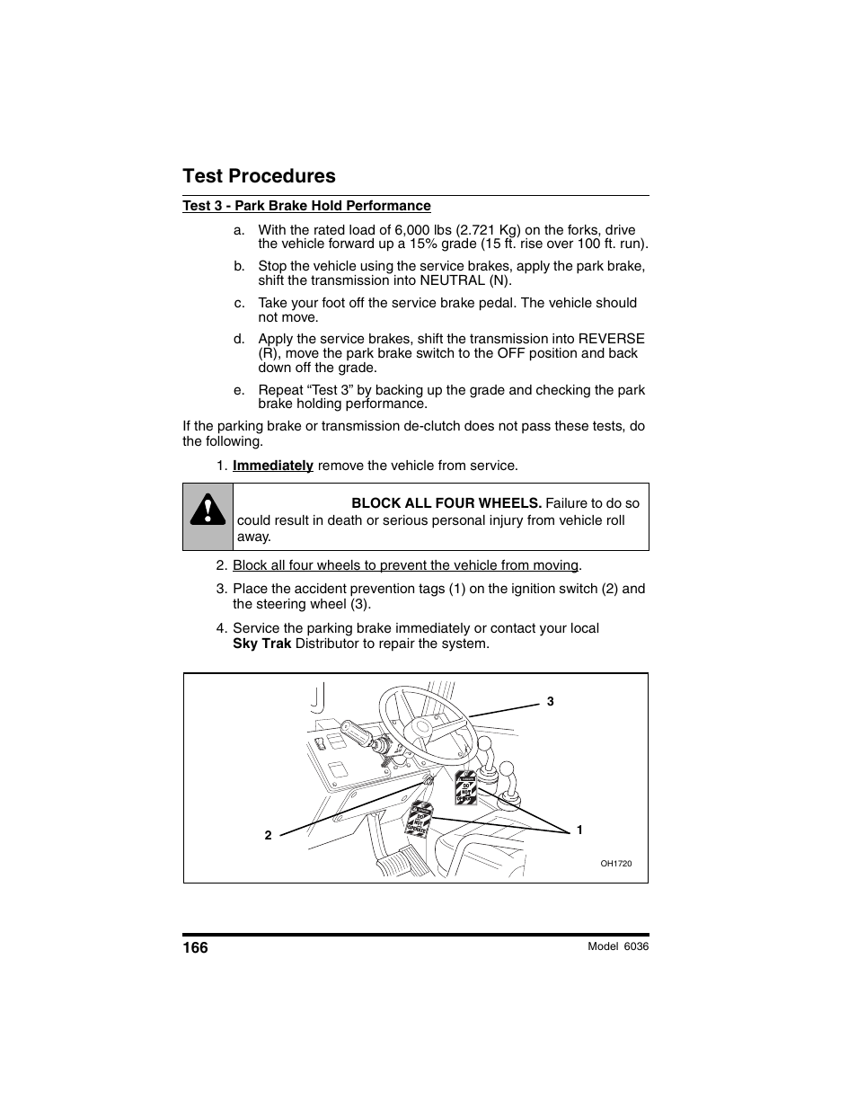 Warning, Test procedures | SkyTrak 6036 Tier II Operation Manual User Manual | Page 172 / 188