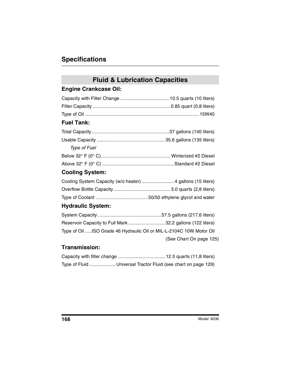 Specifications, Fluid & lubrication capacities | SkyTrak 6036 Tier II Operation Manual User Manual | Page 174 / 188