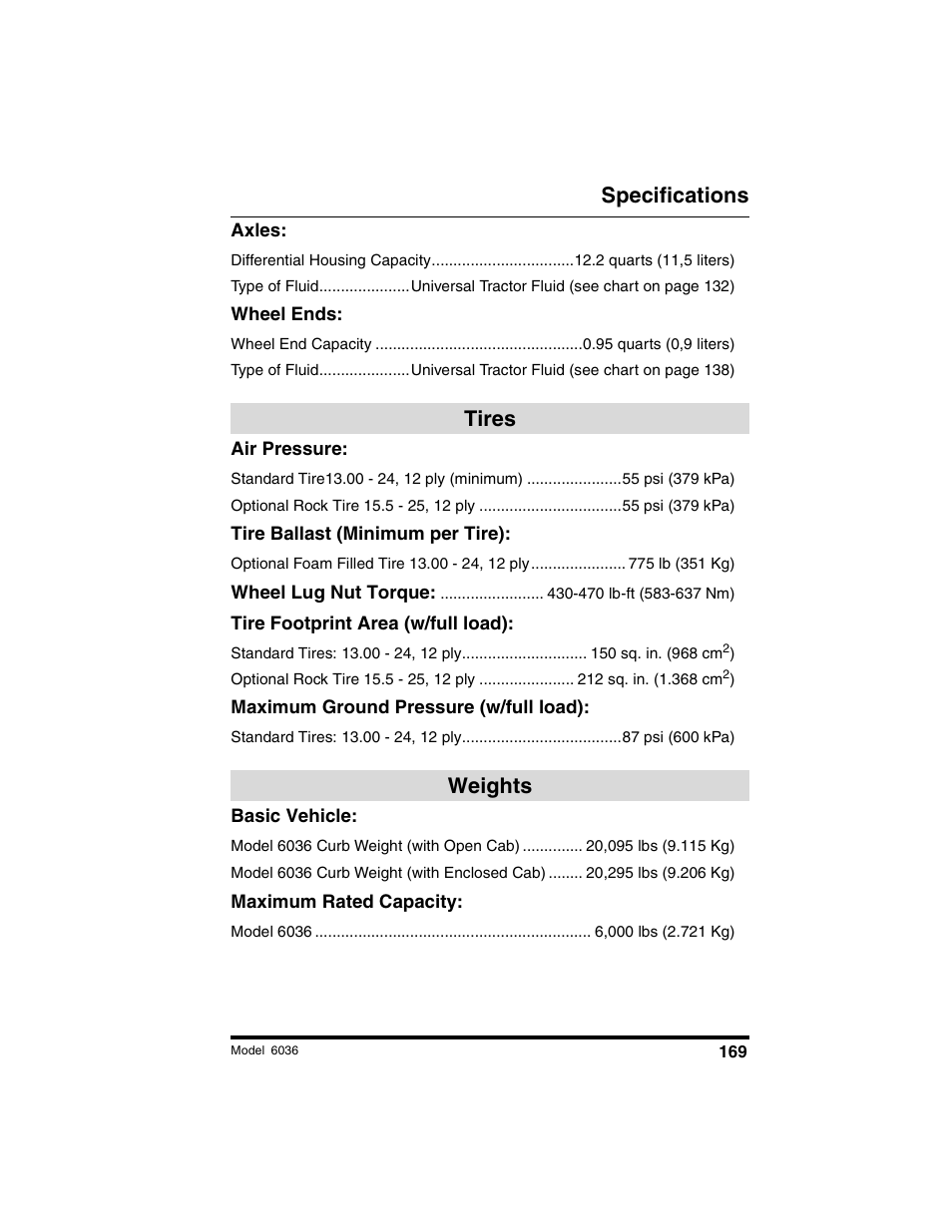 Specifications, Tires weights | SkyTrak 6036 Tier II Operation Manual User Manual | Page 175 / 188