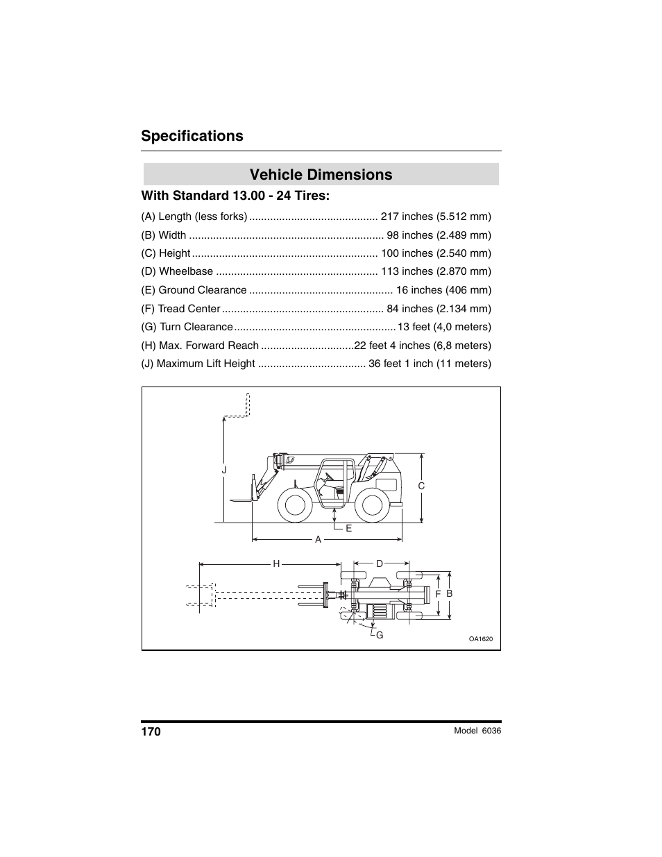 Specifications, Vehicle dimensions | SkyTrak 6036 Tier II Operation Manual User Manual | Page 176 / 188