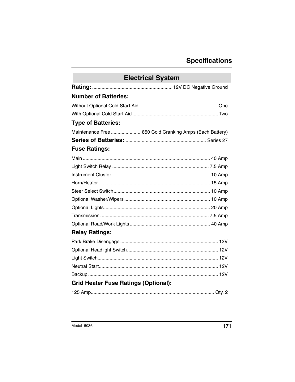 Specifications, Electrical system | SkyTrak 6036 Tier II Operation Manual User Manual | Page 177 / 188