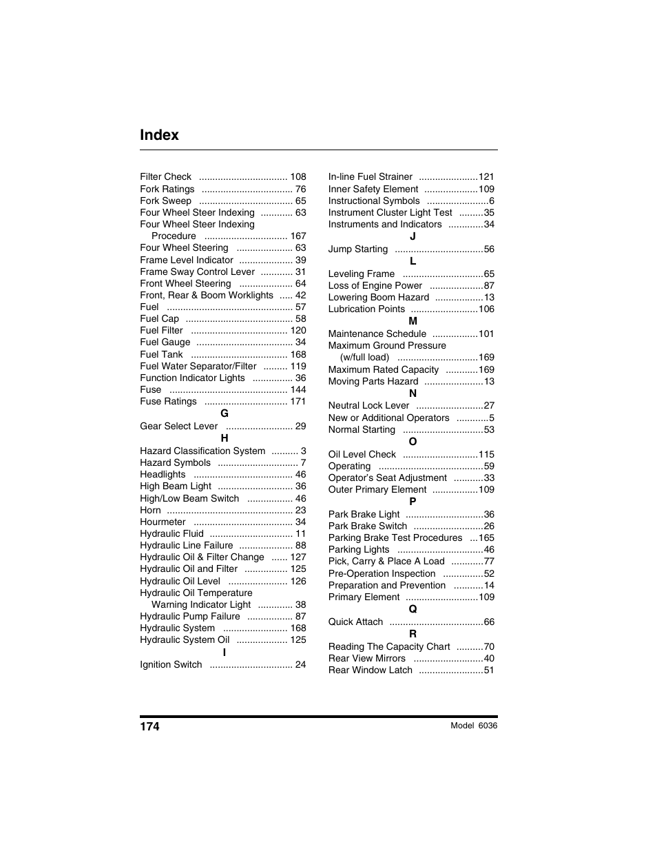 Index | SkyTrak 6036 Tier II Operation Manual User Manual | Page 180 / 188