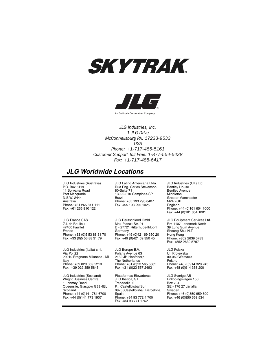 Jlg worldwide locations | SkyTrak 6036 Tier II Operation Manual User Manual | Page 188 / 188