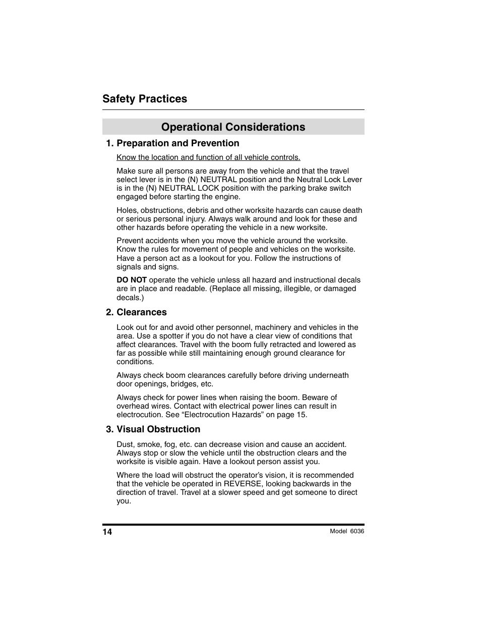 Safety practices, Operational considerations | SkyTrak 6036 Tier II Operation Manual User Manual | Page 20 / 188