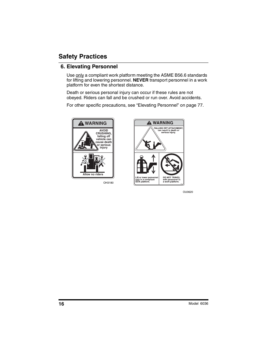 Safety practices, Elevating personnel | SkyTrak 6036 Tier II Operation Manual User Manual | Page 22 / 188