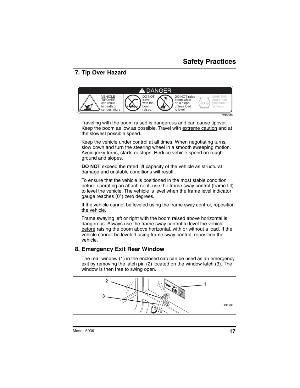 Safety practices, Tip over hazard, Emergency exit rear window | Danger | SkyTrak 6036 Tier II Operation Manual User Manual | Page 23 / 188