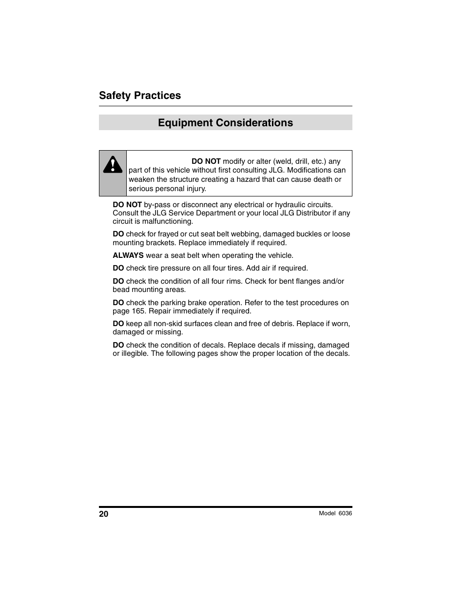 Warning, Safety practices, Equipment considerations | SkyTrak 6036 Tier II Operation Manual User Manual | Page 26 / 188