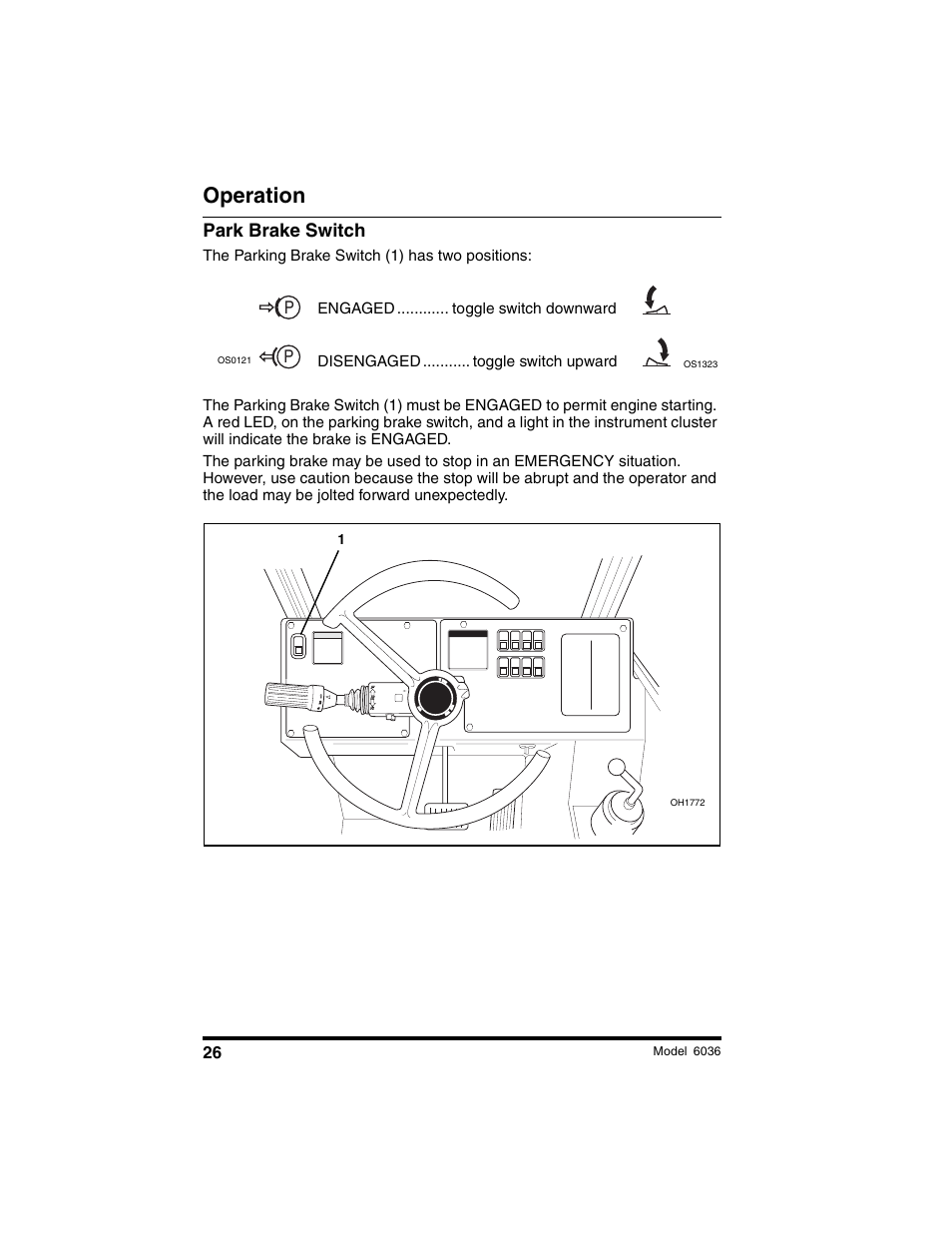 Operation, Park brake switch | SkyTrak 6036 Tier II Operation Manual User Manual | Page 32 / 188