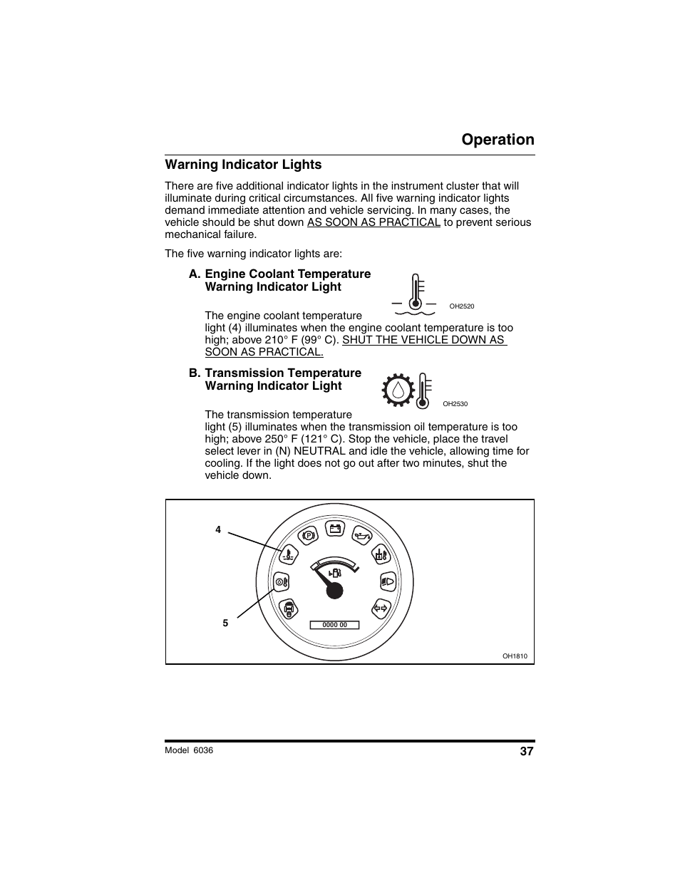 Operation, Warning indicator lights | SkyTrak 6036 Tier II Operation Manual User Manual | Page 43 / 188